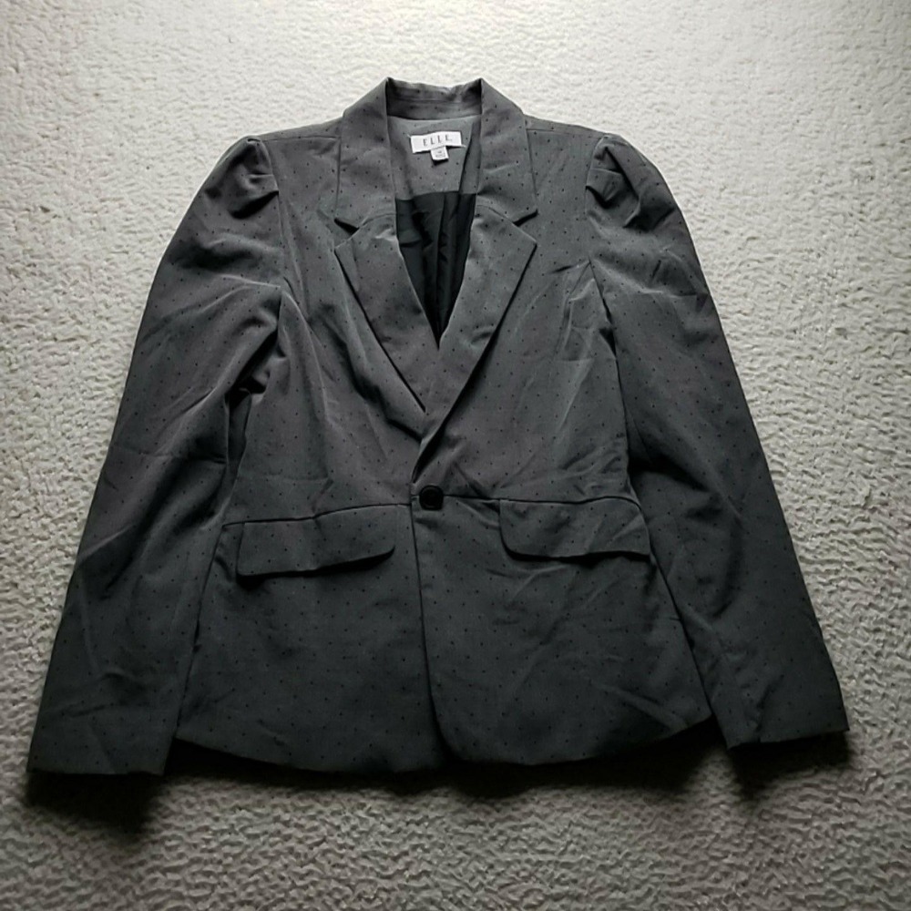 ELLE Blazer Jacket Womens 12 Gray Dot One Button Lined Stretch Career Tailored